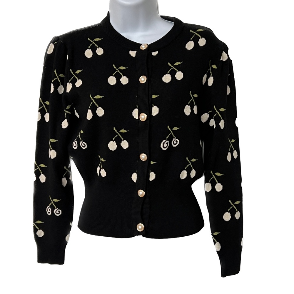 Marant Cherry Sweater Cardigan Button Up Repeat Pattern Black Cream Size S/M